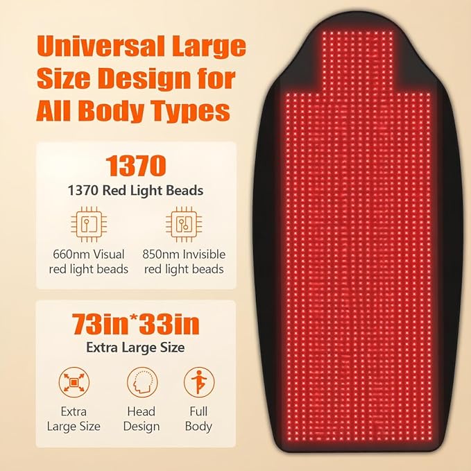Full Body Red Light Therapy Mat, 73" x 33" Large Infrared Light Therapy Pad with 660nm & 850nm Dual Wavelength, 1370 LEDs Red Light Therapy Pad for Joint Pain Relief, Adjustable Timer & Intensity