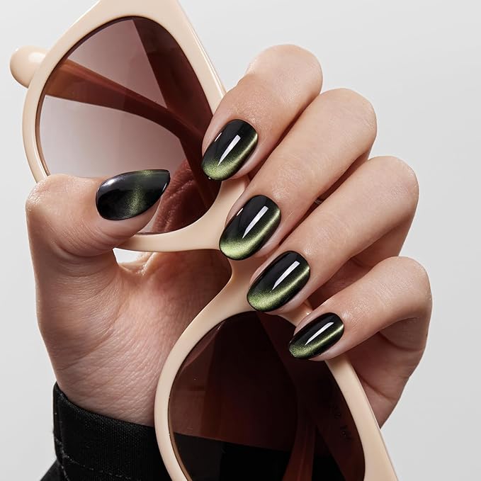 VSALON Press on Nails Short Oval - Dark Green Cat Eye Holographic Glitter Fake Nails Valentines Gifts for Woman, Reusable Opaque Gel Glue on Nails with Glue & Cuticle Oil - 32 PCS Stick on Nails in 16