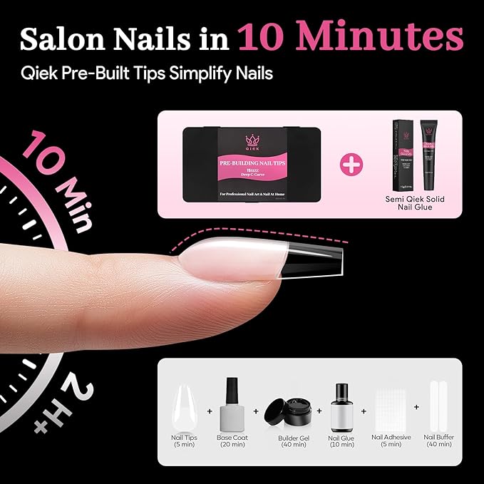 Qiek Medium Square Pre-Building Nail Tips, 15 Sizes 240 PCS Pre-shaped Apex Clear Soft Press On Fake Nail Half Matte Gel Nail Extensions Strong Thick Acrylic Tip for DIY Beginners & Salon Manicure