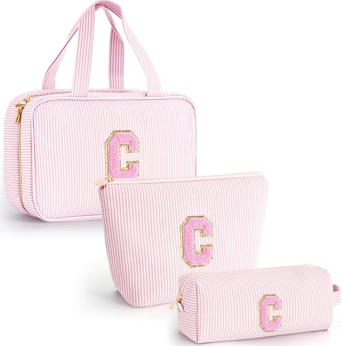 Preppy Toiletry Bag Makeup Bag for Women Her - Personalized Cute Makeup Pouch for Girlfriend Bridesmaid Wife Mom | Travel Toiletry Cosmetic Bag for Friend | Birthday Gift Idea - Pink C
