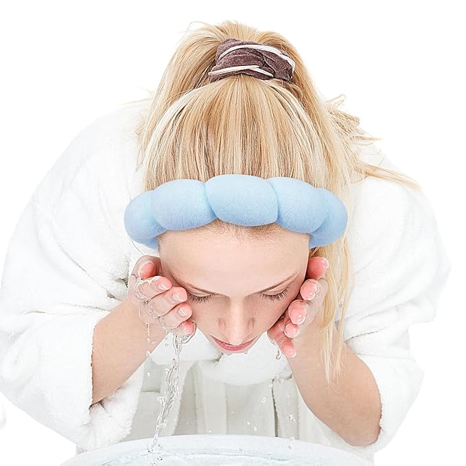 Spa Headband for Washing Face Wristband Set Sponge Makeup Skin Care Terry Cloth Bubble Soft Get Ready Hairband Women Girls Puffy Padded Headwear Non Slip Thick Hair Accessory (Blue)
