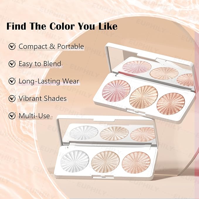 3 Colors Highlighter Makeup Palette, Face Highlight Makeup Contour Powder, Waterproof Long Lasting Glitter Face Illuminator Highlighter for Women, 01 Lunar Glow Trio