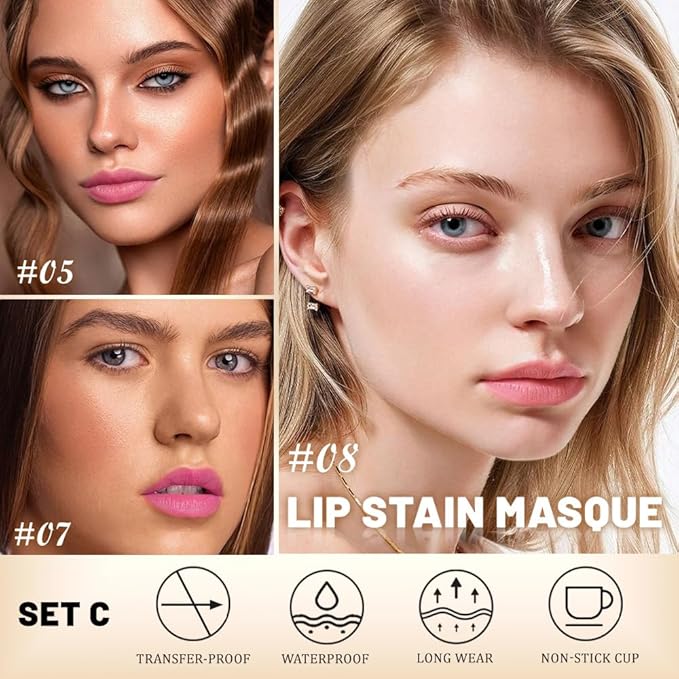 JUAAZIN 3Pcs Peel Off Lip Stain Tattoo with Tweezer - Matte Peel Off Lip Tint, Long Lasting Waterproof Transfer-Proof Lip Stain,Cruelty-Free Lip Masque for All Skin Types,Valentine's Day Gift 05+07+08
