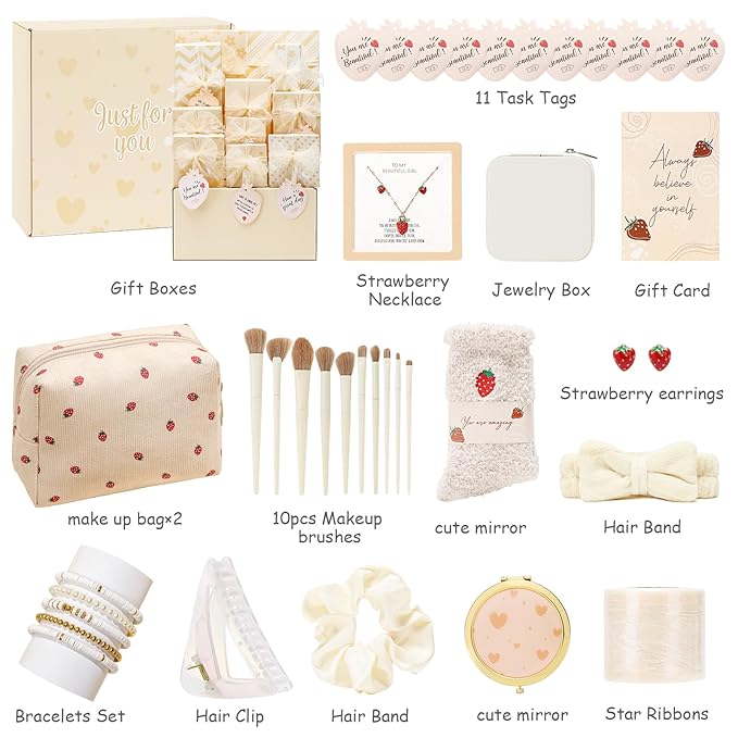 Christmas Gifts for Tween & Teen Girls, 11PCS Birthday Gifts Basket Teen Girls Trendy Stuff with Empowering Tasks Make up Brushes & Bag, Beauty Advent Calendar Wrapped Gifts Box