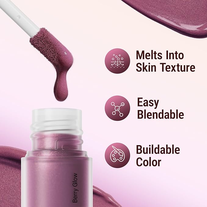 Exmiloo Liquid Blush for Cheeks, Lightweight Liquid Blush with Luminous Glow Sheer Finish, Blendable & Buildable Cool Toned Blush, Vegan & Cruelty-Free, Berry Glow