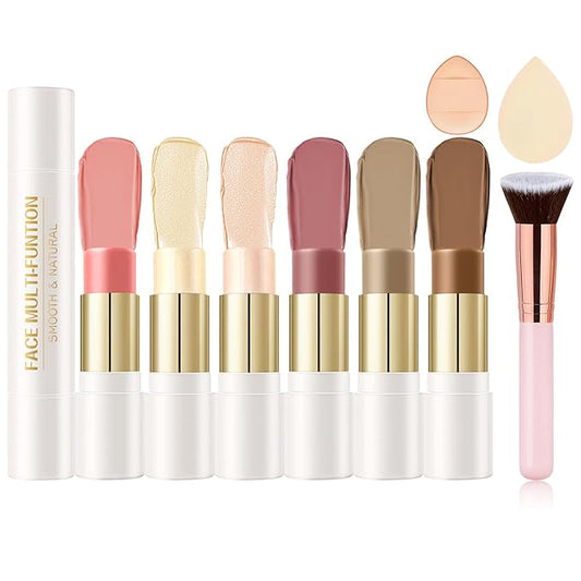 AWCCXMYM 6 Colors Cream Contour Stick Makeup Set Dual-ended Blush & Highlighter Bronzer Stick for Sculpt the Cheeks Long Lasting & Waterproof Matte Finish Face Contouring Set A