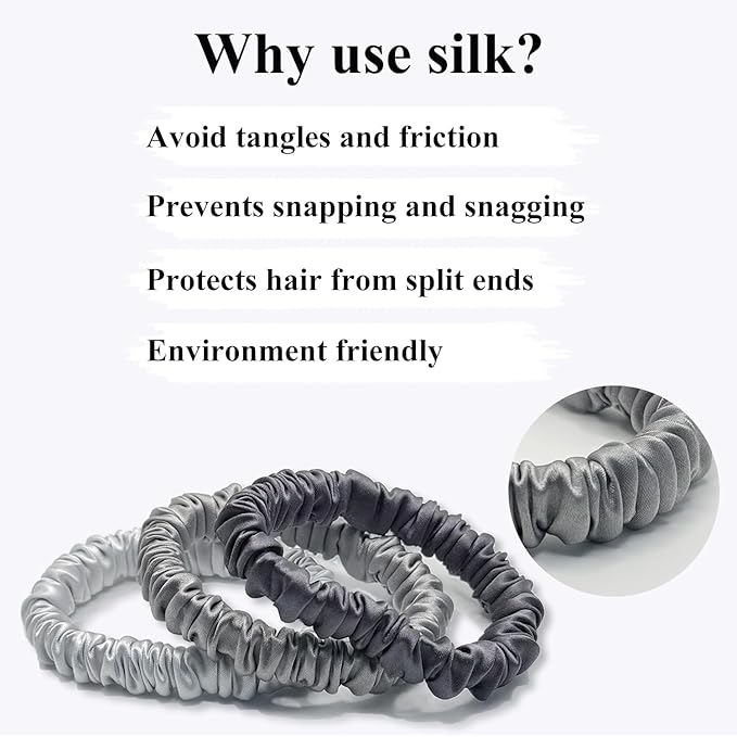 VLOMOT 3 Pcs Set 100% Pure Mulberry Silk Hair Scrunchies Hair Ties with 3 Chic Colors Everyday Skinny Scrunchies Silk Ponytail Holders Hair Care No Damage (Grey)