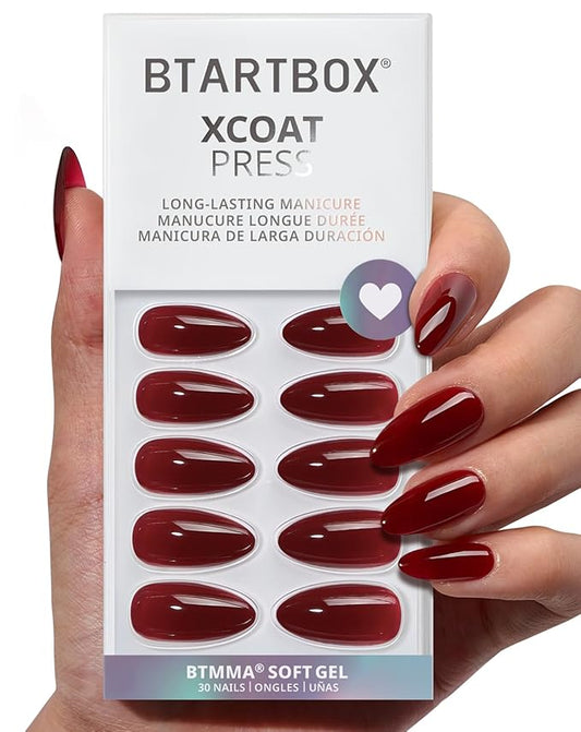 BTArtbox Press On Nails Almond - Lamp-Curable Dark Red Medium Press On Nails with Glue for Women, Semi-Transparent Soft Gel Glue On Nails in 15 Sizes - 30 Stick On Nails Kit, Blackout