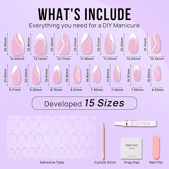 BTArtbox Press On Nails Medium - Soft Gel French Tip Press On Nails, Almond Glue On Nails with Nail Glue, Reusable Stick On Nails in 15 Sizes, White Swirl