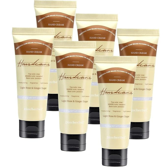 DincherBel 6 Pack Travel Size Hand Cream Set - 1 oz Moisturizing Lotion for Dry Cracked Hands, Light Rose & Ginger Sugar Scented Hand Lotion Gift for Women, Nurses, Teachers, Bridesmaids Gifts