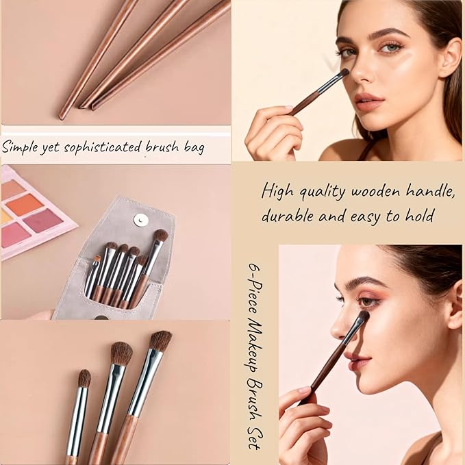 Eyeshadow Makeup Brushes Set with Case 6 PCS Soft Synthetic Hairs Eye Makeup Brushes for Blending Eyebrow Eyeliner Eyeshadow （Wood）