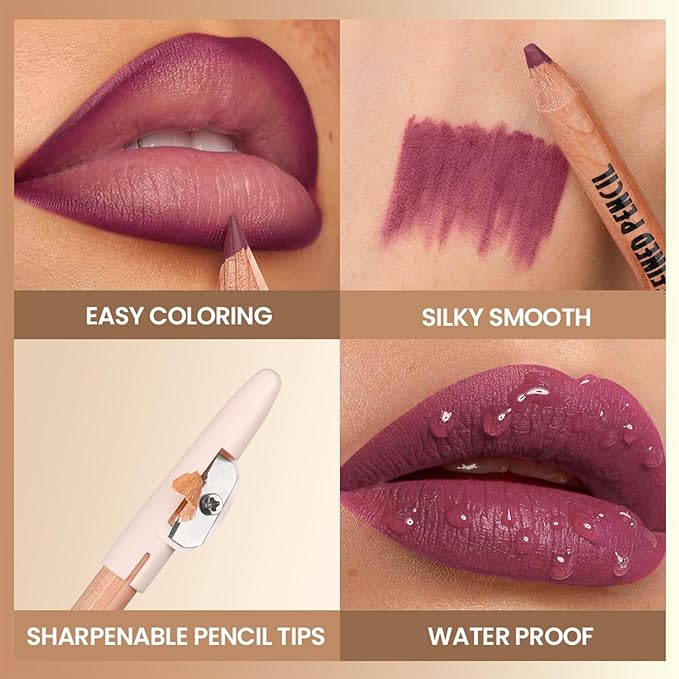 Erinde Nude Matte Lip Liner Set, 6 Colors Lipliner Pencil Pack with Sharpener for Define & Sculpt Lip, Long-Lasting Waterproof Non-Smudge Brown Lipliner Delineador De Labios, 01 Rose Mauve Nude
