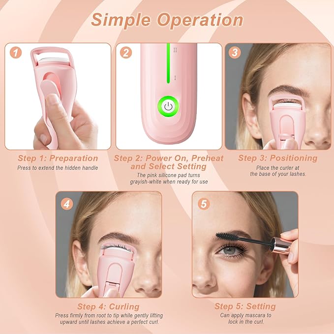 Lilonthy Heated Eyelash Curler, Type-C Rechargeable with 3 Temp Settings & Safe Silicone Pad for Natural Curls, Travel-Friendly (Pink)