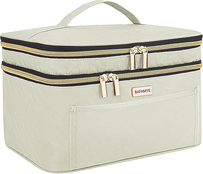 BAFAMYE 8.8L Double Layer Travel Makeup Bag Women, Large Cosmetic Case, Organizer for Travel-Size Accessories Bottles, Brushes, and Skin Care Products, Beige 2.33 GAL