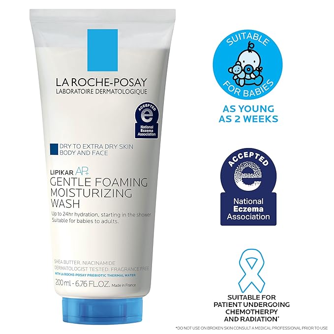 La Roche-Posay Lipikar AP+ Gentle Foaming Moisturizing Wash, Shea Butter + Niacinamide + Glycerin, Moisturizing Body Wash & Face Wash For Dry Skin, National Eczema Association Accepted, Soap Free