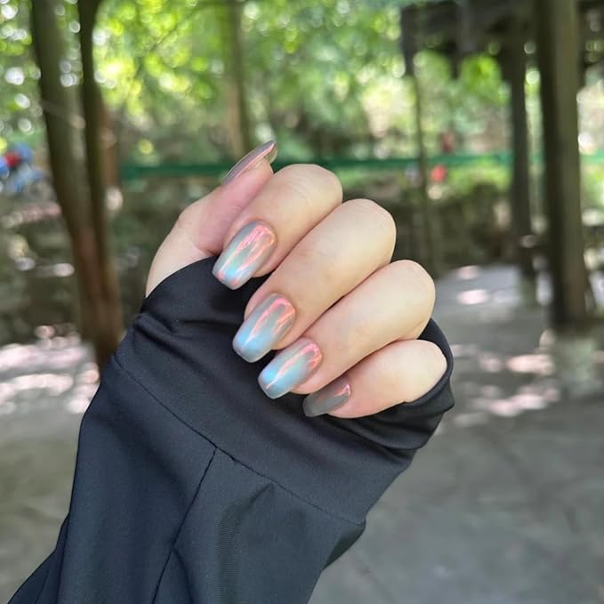 Cat Eye Press on Nails Handmade Short Oval/Square/Round False Nails with French Tip/Aurora/Magnetic Shimmer Designs (Aurora#Sunset River M)