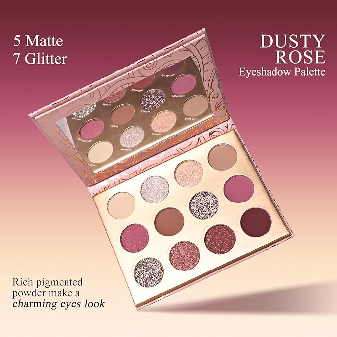 KYDA 12 Colors Dusty Rose Eyeshadow Palette, Sparkling Champagne Rose Gold Eyeshadow, Matte Pastel Violet Soft Pink Eye Shadow, Ultra-fine Smooth Blendable Powder, Pink Purple Eyes Glow Makeup