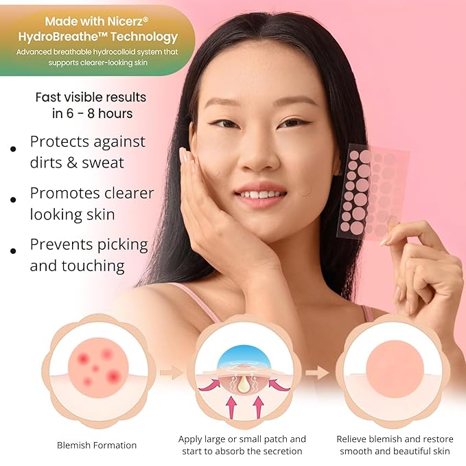 Nicerz® Pimple Patches – 3-in-1 Complete Blemish Care | HydroBreathe™ Breathable Hydrocolloid with Salicylic Acid & Tea Tree | Gentle, Sweat & Waterproof Acne Patch for Face & Body – 180 Count