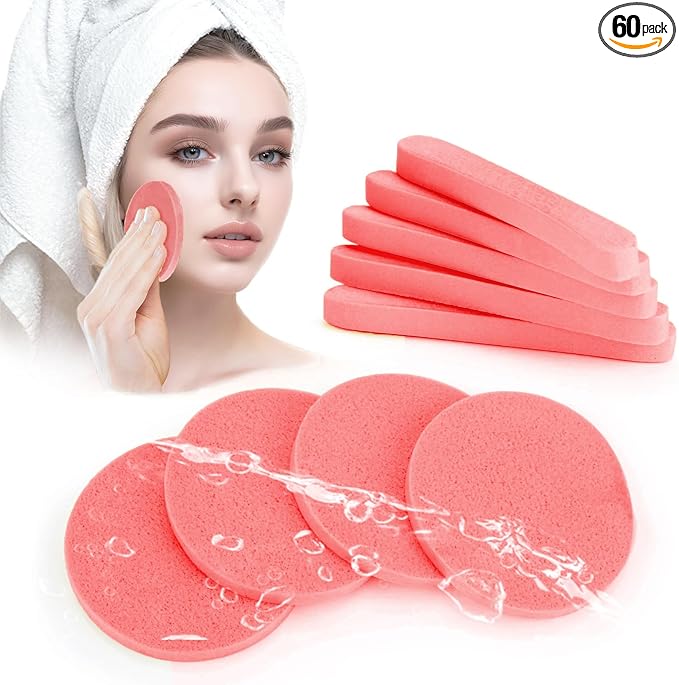 Mgiflw Compressed Facial Sponge,Reusable Makeup Blender 60 Count,Soft Round Wash Sponges for Estheticians Makeup Removal,Face Cleansing Exfoliating Compress Spa Pads for Women,Coral Pink