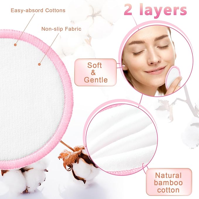 Foaincore 40 Pcs Reusable Makeup Remover Pads with Mesh Storage Bag and Bamboo Box Washable Bamboo Cotton Rounds Soft Reusable Face Pad for Toner Skin Various Skin Care Products(White Pink)