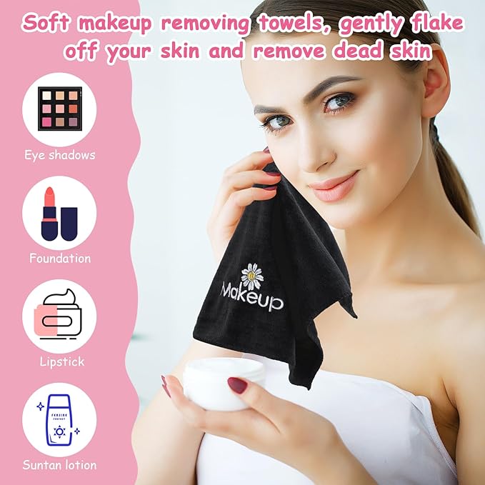 Shimeyao 20 Pack Makeup Towels Black Makeup Washcloths for Face Microfiber Remover Cloth 13x13 Inch Daisy Quick Dry Face Towels for Cleansing Hand