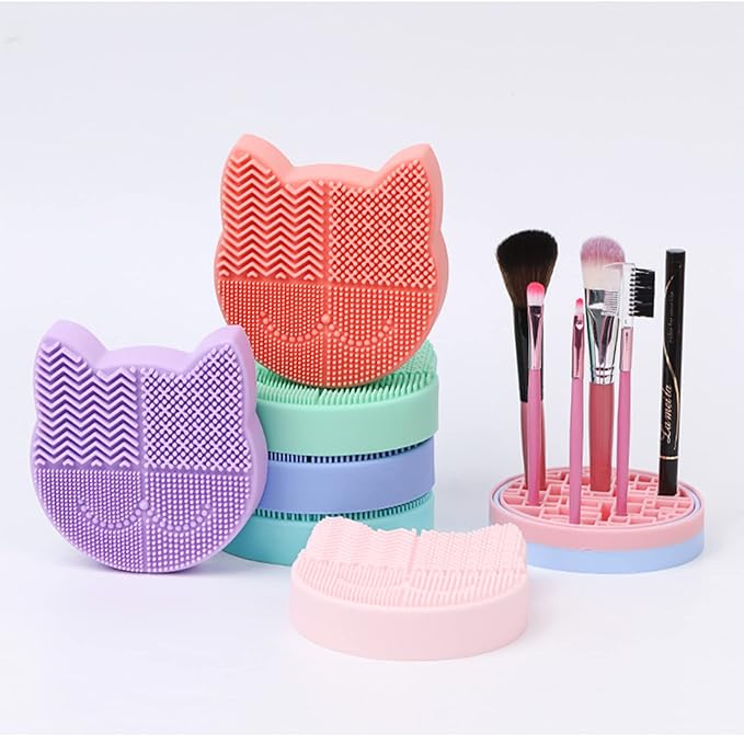 Silicon Makeup Brush Cleaner Mat with Portable Cat Shaped Cosmetic Brush Cleaning Pad Holder - Light Green