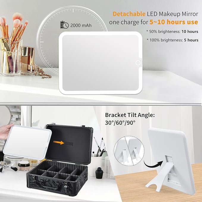 Makeup Bag with LED Mirror - Black Fluid-Color Makeup Box with Detachable Lighted Mirror, Travel Cosmetic Train Case Organizer with Adjustable Dividers and Tool Panel for Brushes