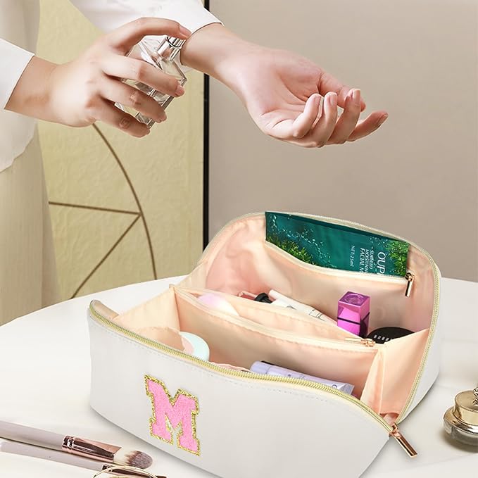 for Valentines Day Gifts, Makeup Bag for Women, PU Leather Travel Toiletry Bags, Initial Make Up Cosmetic Pouch for Teen Girls, Wide Open Portable Skincare Bag, Personalized Birthday Gifts, White D