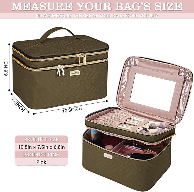BAFAMYE 8.8L Double Layer Travel Makeup Bag With Mirror For Women, Large Cosmetic Case, Organizer for Travel-Size Accessories Bottles, Brushes,and Skin Care Products, 2.33 GAL, Brown…