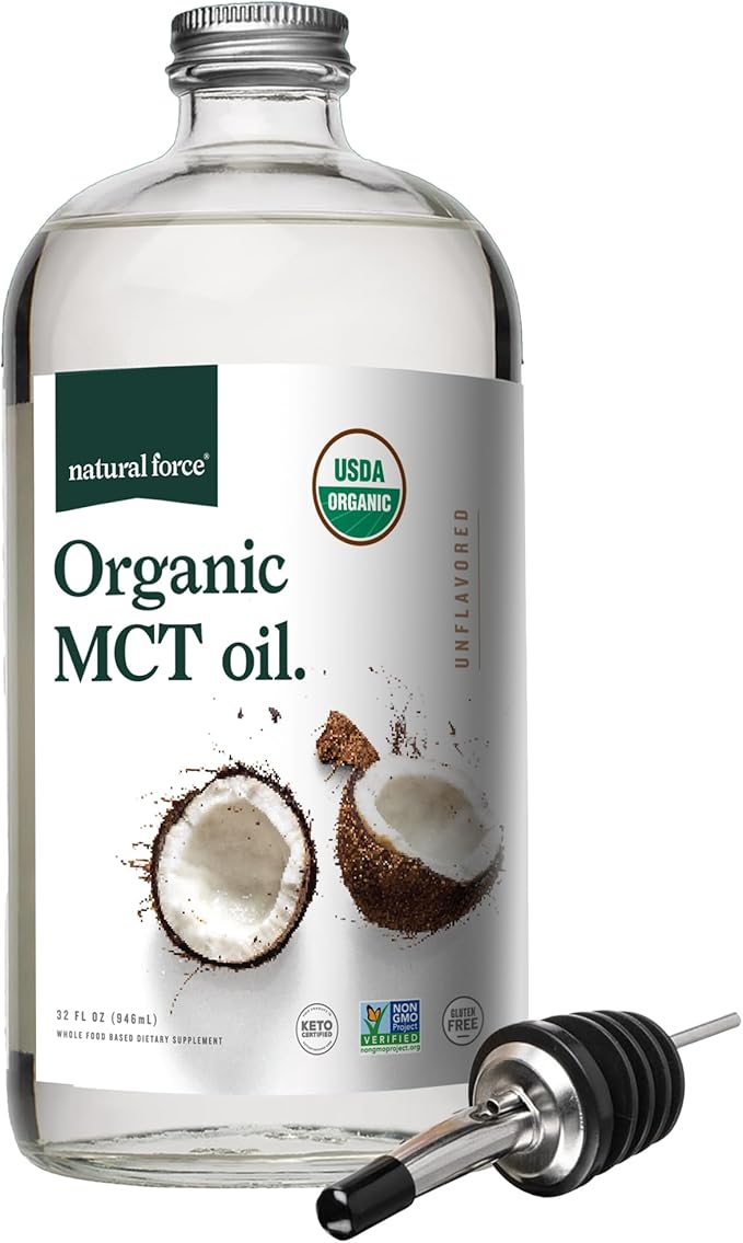 Natural Force Organic MCT Oil – Pure Glass Bottle – Made from 100% Virgin Coconut Oil + Certified Keto, Paleo, Kosher, Vegan & Non-GMO – Lab Tested for Quality and Purity - 32 Ounce
