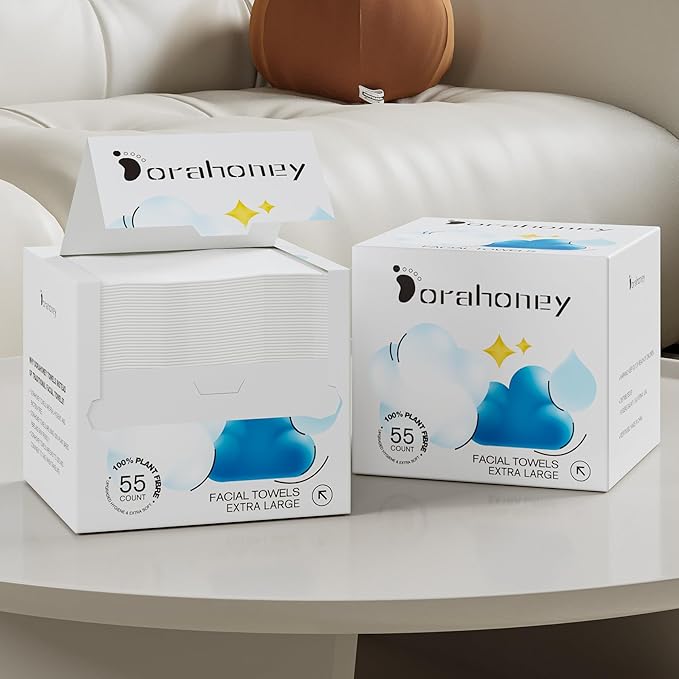 Dorahoney Disposable Face Towels, 12"×12" Extra Large Face Towelettes, Ultra Soft Facial Towels for Sensitive Skin, Makeup Remover Dry Wipes, 110 Count (2 Packs of 55)