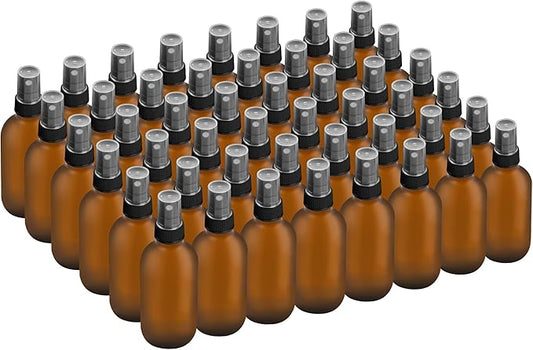 BILLIONSTARS 48 Pack 2oz Glass Boston Round Bottle with Fine Mist Sprayer - Amber Frosted - Essential Oils, Bath, Beauty, Hair & Cleaning - Leakproof Travel Bottles