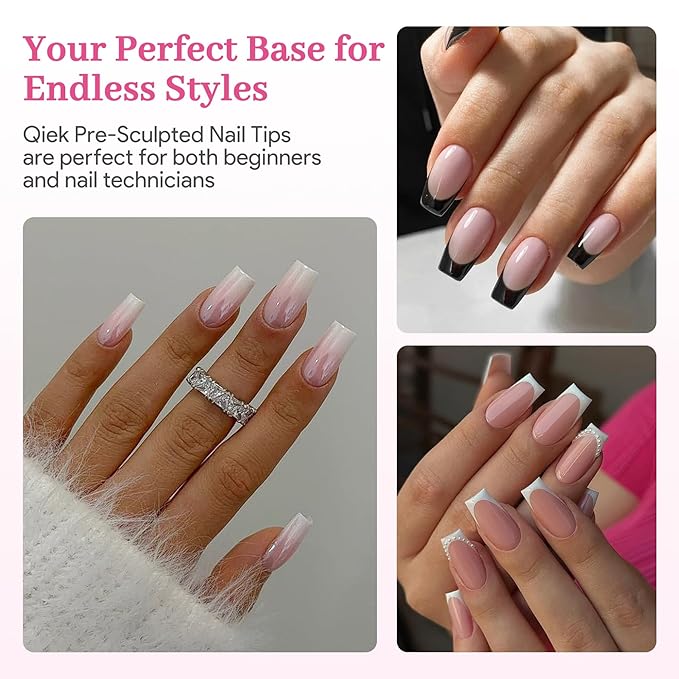 Qiek Medium Square Pre-Building Nail Tips, 15 Sizes 240 PCS Pre-shaped Apex Clear Soft Press On Fake Nail Half Matte Gel Nail Extensions Strong Thick Acrylic Tip for DIY Beginners & Salon Manicure
