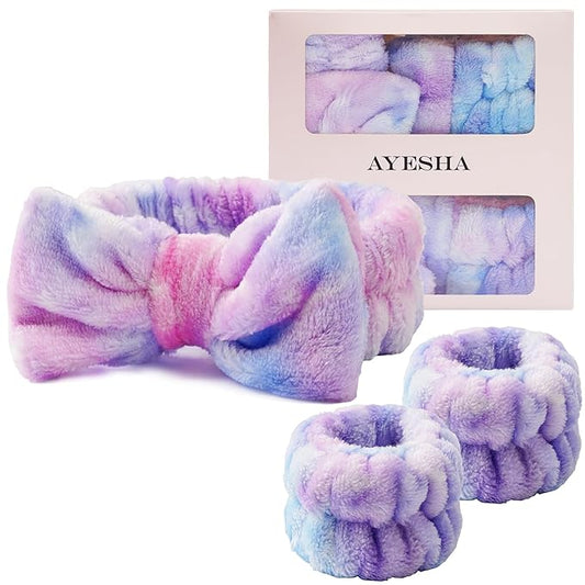 Ayesha Spa Headband and Wristband Set for Skincare Washing Face,Makeup Headband Wrist Cuffs for Preppy Skincare Women Girl