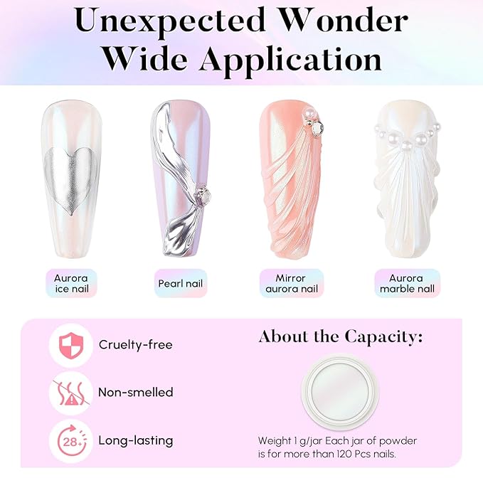 AIMEILI Pearl Nail Powder, Vegan, Cruelty Free, 12 Colors Chrome Aurora Metallic Holographic Mirror Effect Nail Art Pigment Iridescent Shell Glitter Nail Art