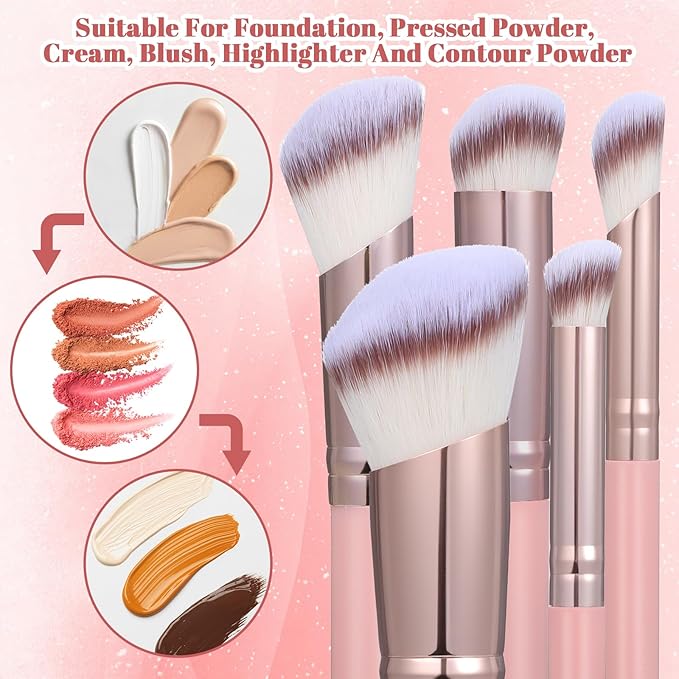 5PCS Angled Pink Makeup Brushes Set, Foundation, Concealer, Contour, Eyeshadow Brushe, Concealer, Foundation, Powder, Eyeshadow, Contour