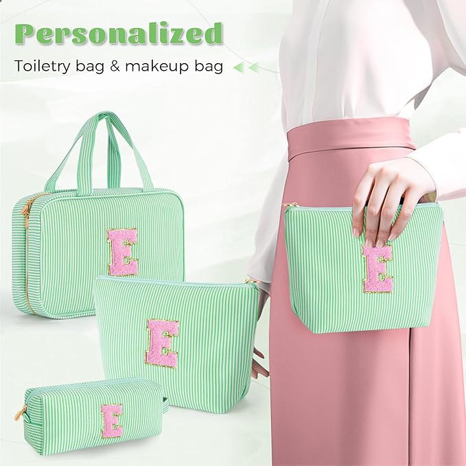 Initial Toiletry Bag for Women - Monogram Cute Makeup Bags Cosmetic Toiletry Pouch Make Up Case for Women Her Friend Friendship Sister Teacher - Green E