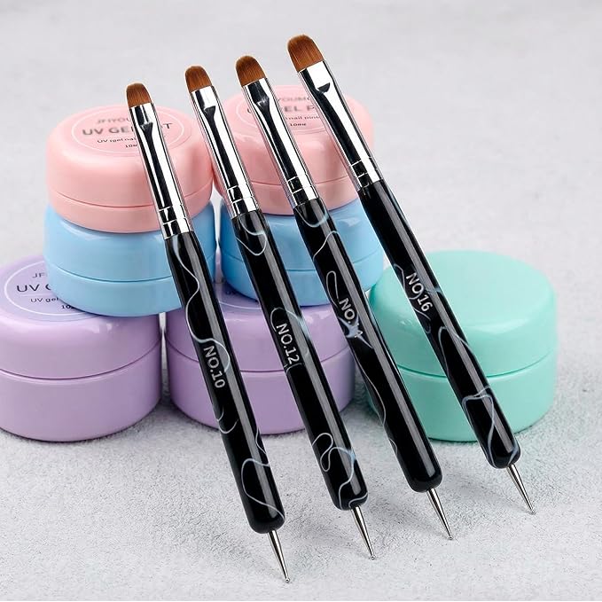 SmallCat 4 Pcs Double Ended Builder Gel Brush, Hard Gel Brush, Gel Brushes for Nails, Acrylic Nail Brush for Design Nails Professional Nail Art, Size 10#,12#, 14#, 16# (Marble Black)