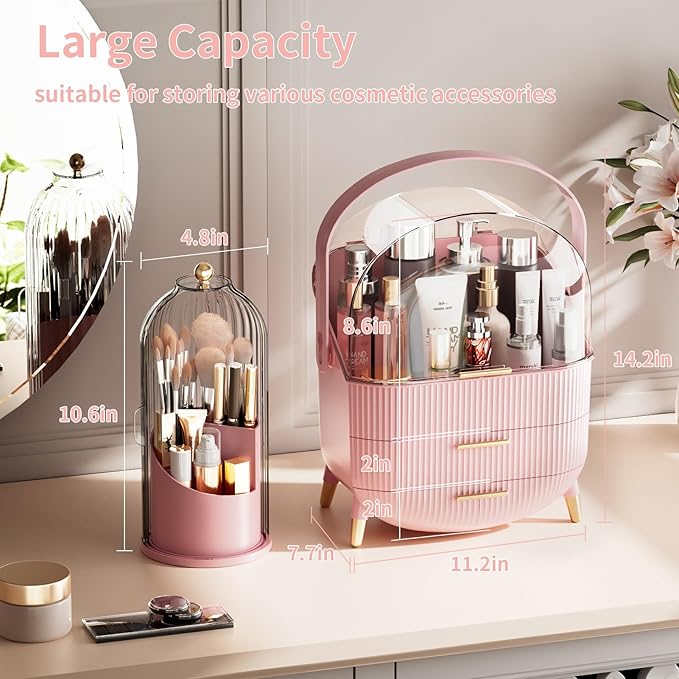 Makeup Organizers Countertop, Makeup organization for Vanity, Cosmetic Storage with Lid and Drawers, Skincare Display Cases with for Desktop, Bathroom (Pink)