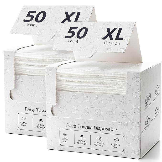 Lyun Cloudlet Disposable Face Towels XL, 10"x12" Ultra Soft & Thick Dry Wipes, Makeup Remover & Facial Cleansing Towels for Sensitive Skin, 50 Count, 2 Pack