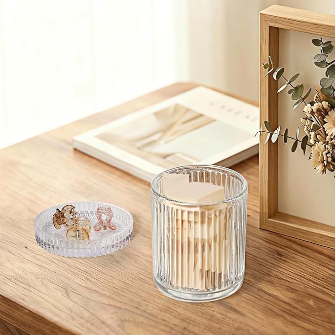 SheeChung 4-Pack Ribbed Glass Apothecary Jars - Clear Qtip Holder Dispenser Set - Bathroom Accessories Organizer for Cotton Swabs, Balls, Pads - Modern Farmhouse Decor