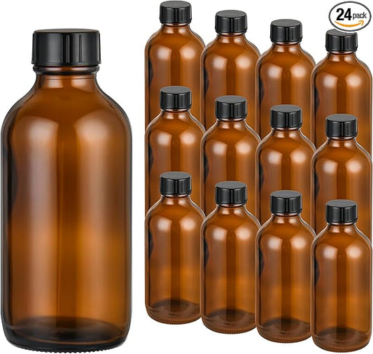 Exlvanto Small Glass Bottles with Lids Boston Round Shot Bottles for Health, Immunity, Ginger Juice, Essential Oils, Potion - Leak Proof Mini Travel Containers (Amber UV, 4oz-24Pack)