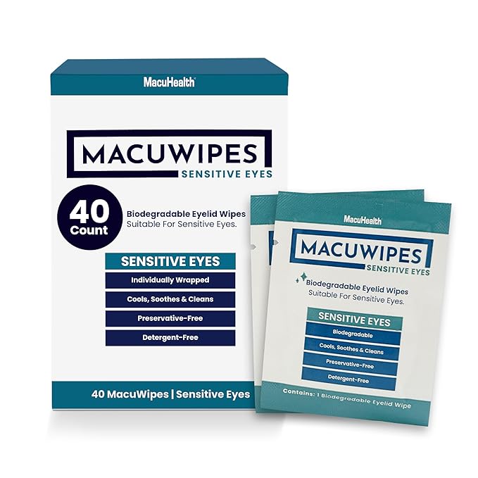 MacuHealth MacuWipes Sensitive - Pre-Moistened Eyelid Wipes for Dry, Sore & Gritty Eyes, Alcohol-Free, Rinse-Free Formula with Tea Tree Oil & Micellar Water, Individually Wrapped - 40 Count