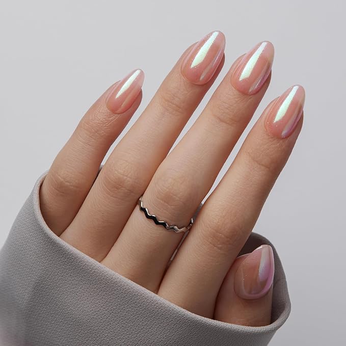 VSALON Press On Nails Short Almond, Nude Pink Pearl Chrome Shimmer Fake Nails With UV Glue, Reusable Stick On Nails Acrylic Neutral Glazed Donut Fall Gift Glue On Nails in 16 Sizes - 32 Nails Kit