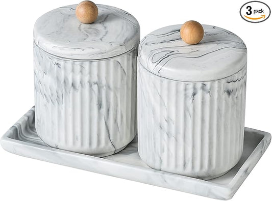 Redelaenor Marble Small Bathroom Jar Set ，Ceramic Cotton Swabs Holder with Lid and Dresser Organizer Set Tray for Storage and Organizing in Bathroom, Dresser, Kitchen, Office