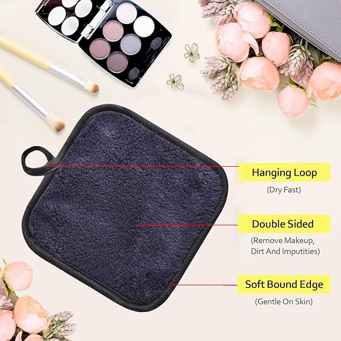 BloomSesame Makeup Remover Cloths for Face, Eye, Lips - Reusable Face Cleansing Cloth Microfiber Makeup Remover Pads 5 x 5 inch 6 Pack (Black)