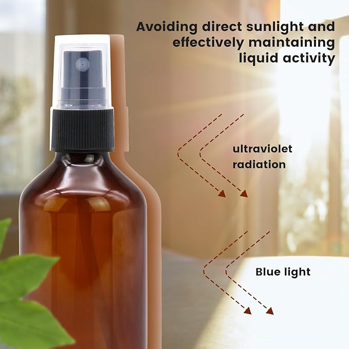 TRENDBOX 6 Pack 3.4oz Amber Spray Bottles, Small Fine Mist Mister Plastic Travel Bottles, Empty Bottles Set for Essential Oils Hair