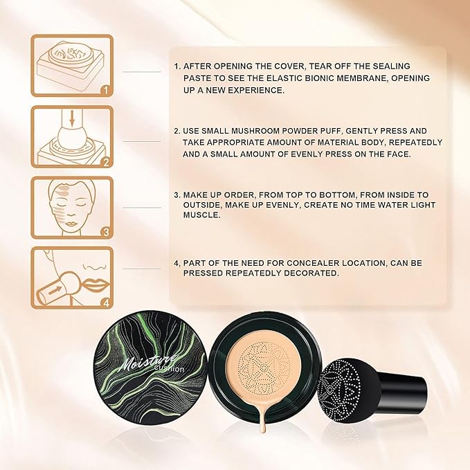 Mushroom Head Air Cushion CC Cream - BB Cream Long-Lasting Color Changing Foundation, Full Coverage Concealer for Older Women, Moisturizing & Brightening Foundation for Mature Skin Makeup (Buff Beige)