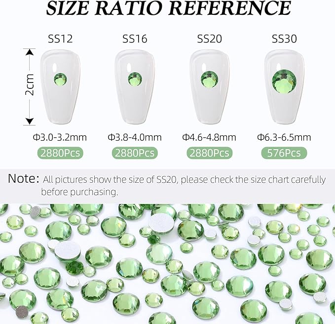 Meibite Light Green Flatback Rhinestones, Glass Rhinestones for Nail Art and Craft, Glue Fix, Loose Crystal Gemstones(Lt.Green, SS16, 2880pcs, 3.8-4.0mm)
