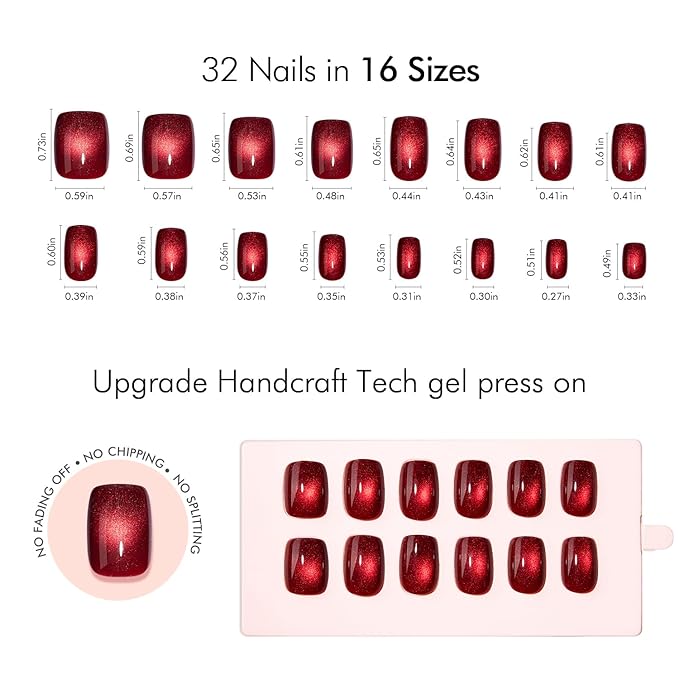 VSALON Press on Nails Short Square - Burgundy Red Cat Eye Glitter Fake Nails, Reusable Opaque Gel Magnetic Effect Fake Nails with Glue & Cuticle Oil - 32 PCS in 16 Sizes Valentines Gifts for Women